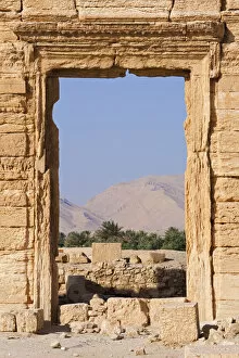 Syria, Homs Governate, Palmyra. Oasis seen through a doorway