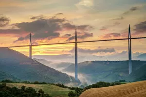 Bridge Collection: Viaduc de Millau bridge over Tarn river valley at sunrise, Millau, Aveyron Department