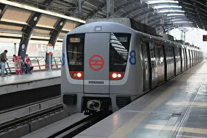 Indian Architecture Gallery: India, New Delhi, Metro train at Ramakrishna Ashram Marg metro station