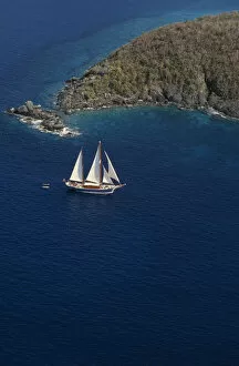 Us Virgin Islands Gallery: WEST INDIES, US Virgin Islands, St Thomas Elevated view over sailing boat passing