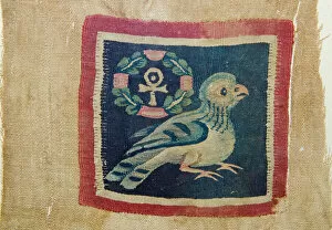 Egypt Gallery: Textile panel depicting a bird with anhk-cross dating to 5-7th century AD from Akhmim