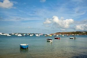 Pleasure Collection: Fishing and pleasure boats moored in harbour, looking towards Tresco, Town Beach, Hugh Town, St