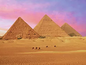 Egypt Gallery: Egypt, Cairo, Giza, View of all three Great Pyramids at sunset
