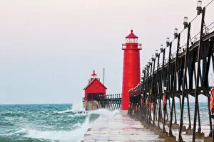 Lighthouse Collection: Grand Haven South Pier Lighthouse at sunrise on Lake Michigan, Ottawa County, Grand Haven