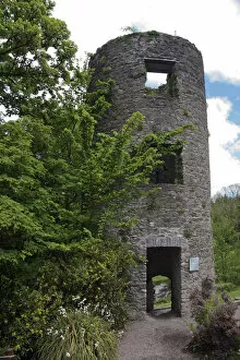 In Ireland, at the Blarney Castlea stone tower ruin in the castle garden among trees