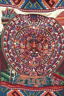 Design Gallery: North America, Mexico, Teotihuacan, souvenir blanket with colorful Aztec calendar design