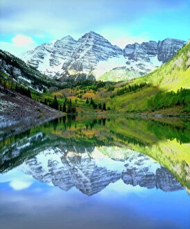 Vibrant Gallery: USA, Colorado, . Rocky Mountains, A Maroon Bells reflecting in Maroon Lake