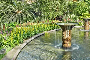 Vibrant Gallery: USA, Pennsylvania. Kennett Square, fountain near bromeliads