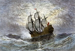 Boat Collection: Pilgrims ship Mayflower at sea, 1620