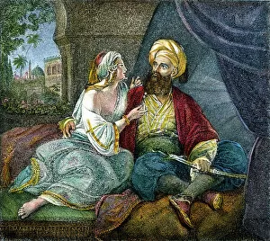 ARABIAN NIGHTS. Scheherazade amusing the Sultan Schahriah and prolonging her life with the tales for a thousand and one nights. Colored engraving, 19th century