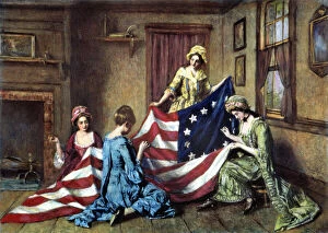 Betsy Ross sewing the first American flag. Painting by Henry Mosler (1841-1920)