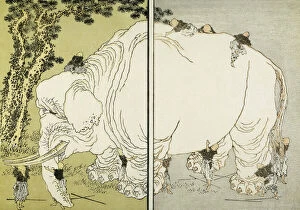 Elephant Collection: The Blind Men and the Elephant. Japanese woodblock print from the Manga of Katsushika Hokusai, 1817
