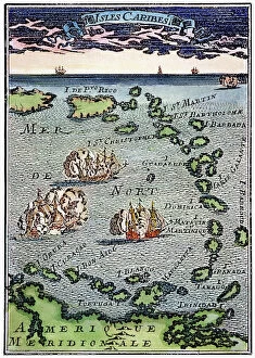 West Indian Gallery: CARIBBEAN MAP. A map of the Caribbean islands: woodcut, French, c. 1688