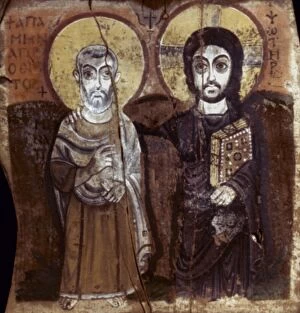 Medieval Gallery: EGYPT: COPTIC ART: CHRIST and abbot Mena. Painting on wood, 7th century A.D