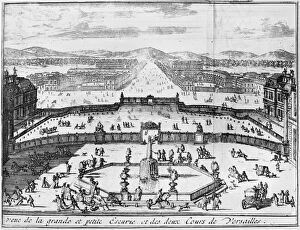 Court Yard Gallery: FRANCE: VERSAILLES, 1687. The avenue, two stables, gates and two courtyards seen from the Palace of Versailles