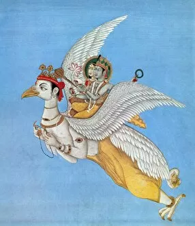 Garuda Gallery: INDIA: GARUDA, c1780. Ramayana myth: Rama (Vishnu) and his wife Sita (Lakshmi) riding on Garuda