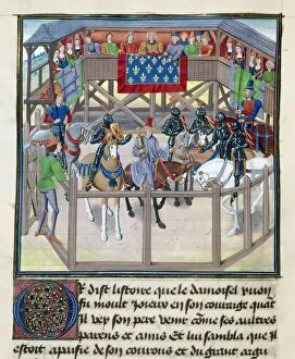 Fashion Gallery: KNIGHTS IN TOURNAMENT. Knights on horseback in a ring at a medieval tournament