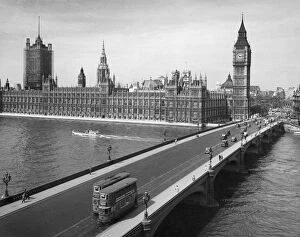 LONDON: PARLIAMENT. Houses of Parliament, Big Ben and Westminster Bridge crossing the Thames in Lodon, England