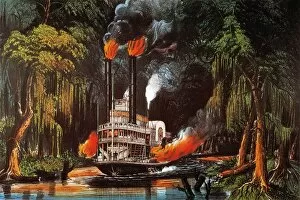 Fire Collection: LOUISIANA: STEAMBOAT, 1865. Through the Bayou by Torchlight. Lithograph, c1865