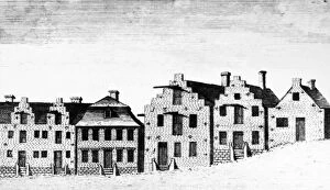 NEW YORK: ALBANY, 1791. Dutch style houses at Albany, New York. Line engraving from Columbia Magazine, 1789