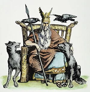 Seated Collection: NORSE GOD ODIN (WODEN). God of wisdom, poetry, war and agriculture. Line engraving