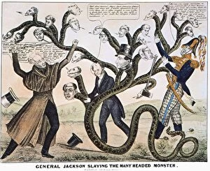 Dragon Collection: President Andrew Jackson destroying the Bank of the United States. Lithograph cartoon, 1828