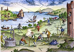 Maritime Collection: SURVEYORS. Surveyors at work on land and sea. Colored German engraving, 1594