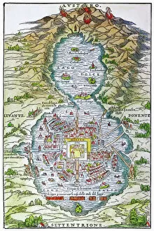Mexico City Collection: TENOCHTITLAN (MEXICO CITY) at the time of the Spanish Conquest: colored woodcut, 1556