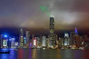 Lights of the city skyline of Central across Victoria Harbour and Symphony of Lights