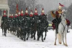 Snow spooks horse at the Changing of the Queens Life Guards, London