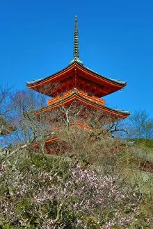 Three storey orange pagoda at Kiyomizu-dera Temple in Kyoto, Japan