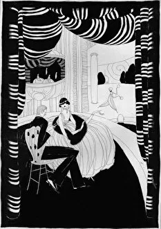 Art deco illustration of a couple in a theatre box, 1916