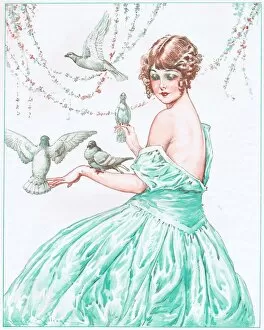 Art deco illustration of girl with pigeons and doves, 1929