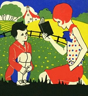 Art deco style girl reading to a boy