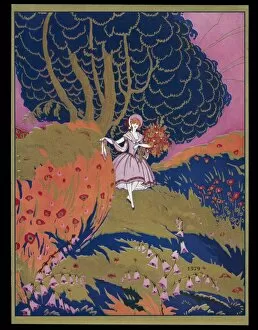 Chocolate box design, lady with bunch of flowers