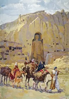 Four People Gallery: Afghan nomad family in front of one of two Buddhas of Bamiyan, 1950, Painting