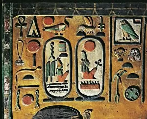 Hieroglyph Collection: Goddess Hathor offers her necklace to the Pharaoh. Painted relief from a pillar of the tomb of