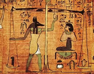 Hieroglyph Collection: Papyrus from The Book of The Dead, Anubis during the weighing of the souls (psychostasy)