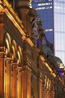 Queen Victoria Building Sydney, dusk illuminated facade, illuminated