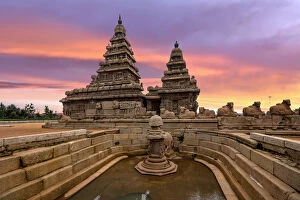 Indian Architecture Gallery: Sunset View at Shore Temple Complex with Miniature Shrine in Mahabalipuram, Kanchipuram
