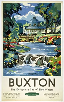 <b class=qtipBold><figcaption>'Buxton', BR (LMR) poster, 1950</figcaption></b><br>British Railways (London Midland Region) poster of Pavilion Gardens at Buxton, Derbyshire. Artwork by Kenneth Steel. <br><em>© Please read our licence terms. All digital images must be destroyed unless otherwise agreed in writing.</em> 'Buxton', BR (LMR) poster, 1950