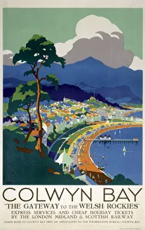 <b class=qtipBold><figcaption>'Colwyn Bay', LMS poster, c 1930s</figcaption></b><br>Poster produced for London, Midland & Scottish Railway to promote rail travel to the popular coastal resort of Colwyn Bay, Conwy, Wales. The poster shows a view of the seafront, with the town and mountains in the background. Artwork by George Ayling. Dimensions: 1015 mm x 634 mm.<br><em>© Please read our licence terms. All digital images must be destroyed unless otherwise agreed in writing.</em> 'Colwyn Bay', LMS poster, c 1930s
