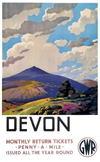 <b class=qtipBold><figcaption>'Devon' GWR poster, 1937</figcaption></b><br>Great Western Railway poster. Artwork by Cusden. Moorland scene.<br><em>© NRM/Pictorial Collection</em> 'Devon' GWR poster, 1937