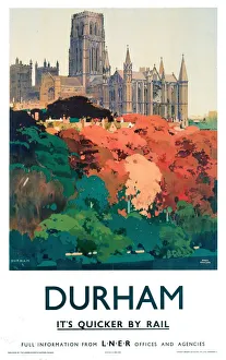 <b class=qtipBold><figcaption>'Durham', LNER poster, 1923-1947</figcaption></b><br>Poster produced for London & North Eastern Railway (LNER) to promote rail travel to the ancient city of Durham. Artwork by Fred Taylor (1875-1963), who was commissioned in 1930 to design four ceiling paintings for the Underwriting Room at Lloyd's and murals for Reed's Lacquer Room. He exhibited at the Royal Academy and other London galleries and worked for LNER, London Transport and several shipping companies. Dimensions: 1016 mm x 635 mm.<br><em>© NRM/Pictorial Collection</em> 'Durham', LNER poster, 1923-1947