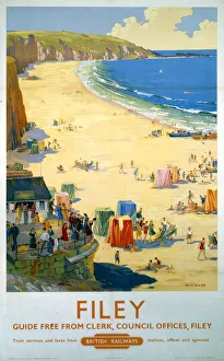 <b class=qtipBold><figcaption>'Filey', BR poster, 1948-1965</figcaption></b><br>Poster produced for British Railways (BR) to promote train services to Filey, North Yorkshire. Artwork by Ellis Silas. <br><em>© Please read our licence terms. All digital images must be destroyed unless otherwise agreed in writing.</em> 'Filey', BR poster, 1948-1965