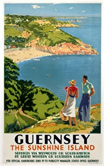 <b class=qtipBold><figcaption>Guernsey', GWR/SR poster, 1938</figcaption></b><br>Poster produced for Great Western Railway (GWR) and Southern Railway (SR) to promote rail travel to Guernsey via Weymouth or Southampton, showing a young couple standing on a hilltop, looking down onto the bay and beach below. Artwork by Edmond Vaughan.<br><em>© NRM/Pictorial Collection</em> Guernsey', GWR/SR poster, 1938