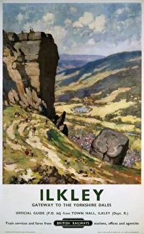 <b class=qtipBold><figcaption>'Ilkley', BR poster, 1960</figcaption></b><br>Poster produced for British Railways (BR) to promote rail travel to Ilkley, West Yorkshire, which is here promoted as the 'gateway to the Yorkshire Dales'. The poster shows some ramblers in a landscape with mountains and tall rock formations overlooking the valley below. Some sheep are seen grazing on the grassy incline. Artwork by an unknown artist. <br><em>© Please read our licence terms. All digital images must be destroyed unless otherwise agreed in writing.</em> 'Ilkley', BR poster, 1960