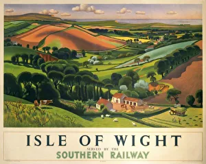 <b class=qtipBold><figcaption>'Isle of Wight', SR poster, 1946</figcaption></b><br>Poster produced by Southern Railway (SR) to promote rail and sea services to the Isle of Wight. The poster shows a panoramic view of green rolling hills, pastures and grazing animals with the sea in the distance. Artwork by Allinson. <br><em>© Please read our licence terms. All digital images must be destroyed unless otherwise agreed in writing.</em> 'Isle of Wight', SR poster, 1946