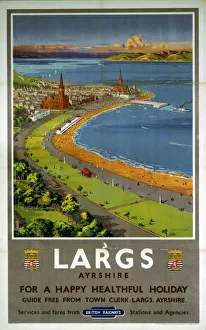 <b class=qtipBold><figcaption>'Largs', BR poster, c 1950s</figcaption></b><br>Poster produced for British Railways (BR) to promote the coastal resort of Largs, Ayrshire as a healthy holiday destination. Illustrated with view of the town. Artwork by Montague B Black. The artist was born in Stockwell, South London, and concentrated mainly on military and naval subjects. Montague Black also designed posters for various railway companies. Printed by London Lithographic & Co, London. <br><em>© Please read our licence terms. All digital images must be destroyed unless otherwise agreed in writing.</em> 'Largs', BR poster, c 1950s