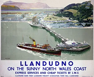 <b class=qtipBold><figcaption>'Llandudno', LMS poster, 1923-1947</figcaption></b><br>Poster produced for the London, Midland & Scottish Railway (LMS) to promote rail travel to Llandudno, North Wales. The poster shows a panoramic view of the coast, with a large stretch of the sea and a pleasure boat approaching the pier. Artwork by Charles Pears, a marine painter in oil who was an Official Naval Artist during the World Wars. He worked as a poster artist for rail companies and other clients and was also a book illustrator. <br><em>© Please read our licence terms. All digital images must be destroyed unless otherwise agreed in writing.</em> 'Llandudno', LMS poster, 1923-1947